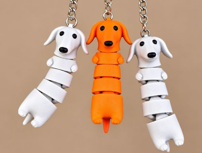 Três chaveiros articulados em formato de cachorros
