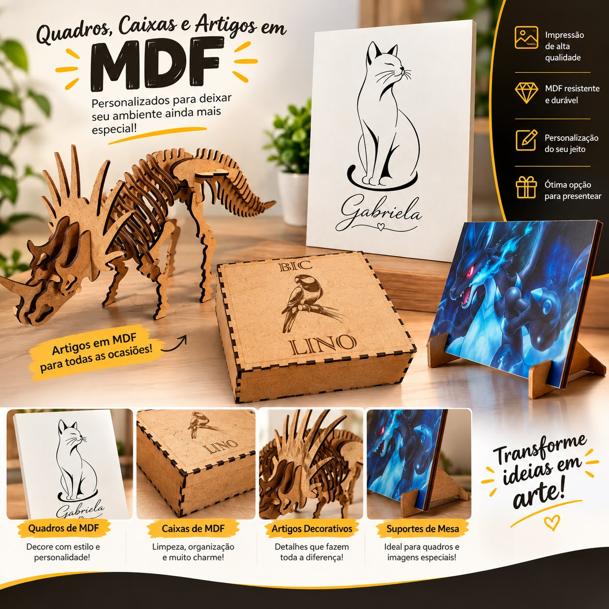 Quadros personalizados, caixa gravada, dinossauro decorativo e suporte de mesa em MDF