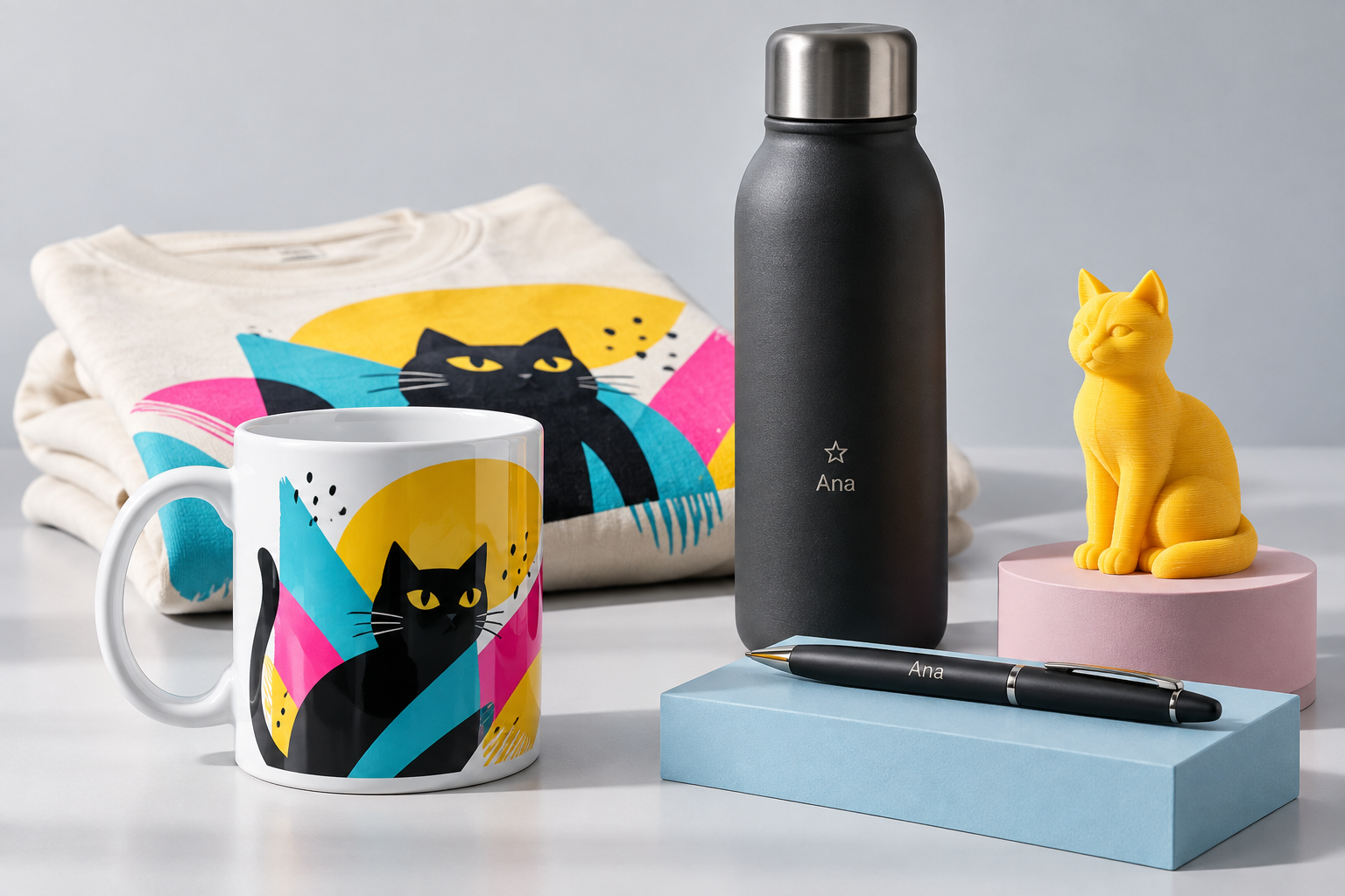 Conceito de produtos personalizados: caneca, camiseta, garrafa térmica, caneta e um gatinho impresso em 3D